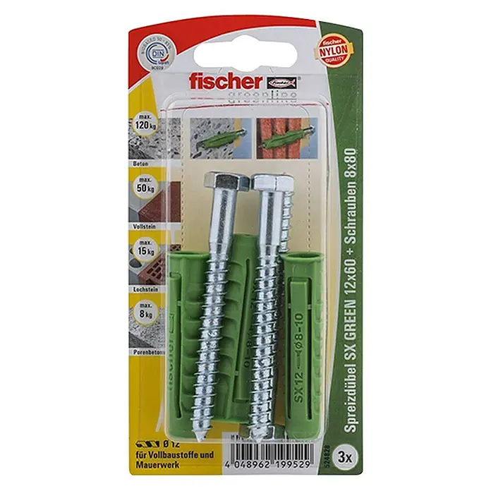 Fischer Spreizdübel-Set SX Green S - Ø x L: 12 x 60 mm, Sechskantschraube, Nylon, 3 Stk. - Vorderansicht