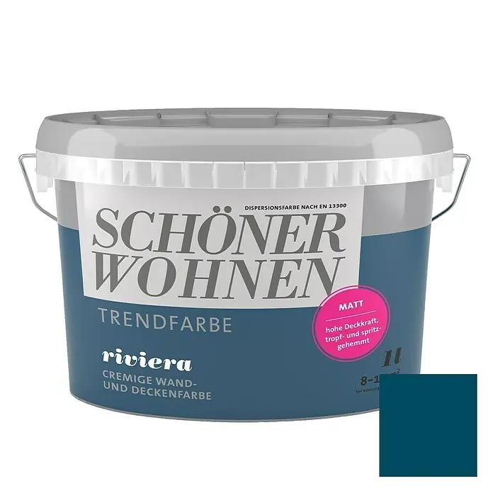 SCHÖNER WOHNEN-Farbe Wandfarbe Trendfarbe - Riviera, 1 l, Matt, Konservierungsmittelfrei - Vorderansicht