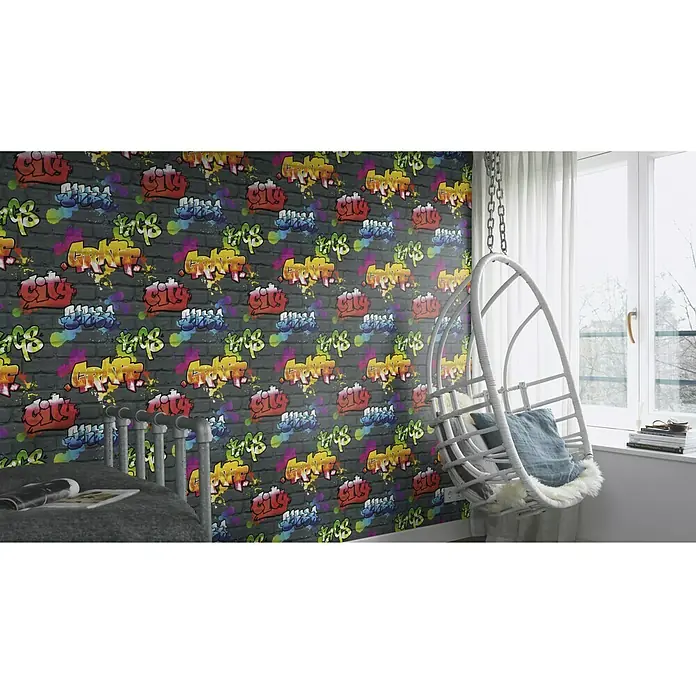 Rasch Papiertapete Graffiti - Bunt, Motiv, 10,05 x 0,53 m - Stimmungsaufnahme