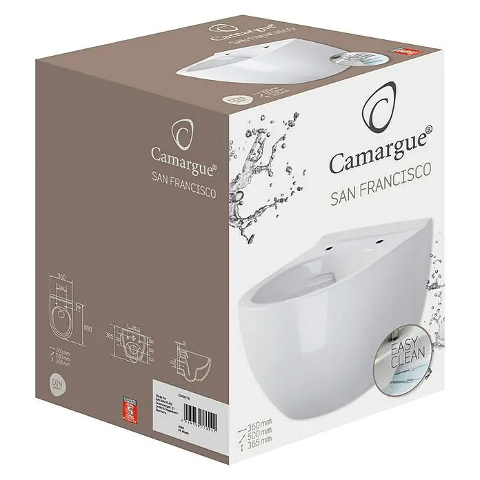 Camargue San Francisco Zidna WC školjka - Bez ruba, Bez posebne glazure, Oblik ispiranja: Duboko, WC odvod: Vodoravno, Bijele boje