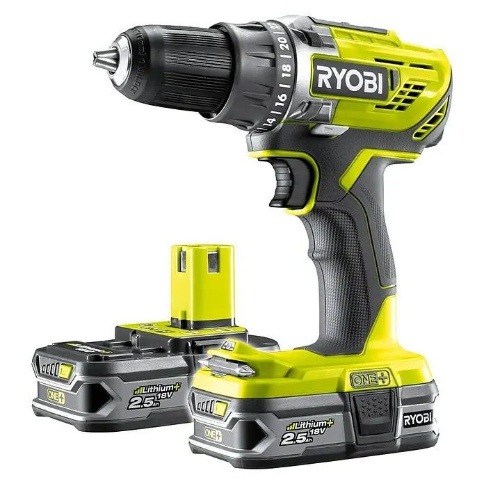 Ryobi ONE+ Akku-Bohrschrauber R18DD3-225S - 18 V, Li-Ionen, 2,5 Ah, 2 Akkus, Leerlaufdrehzahl: 0 U/min - 1.800 U/min
