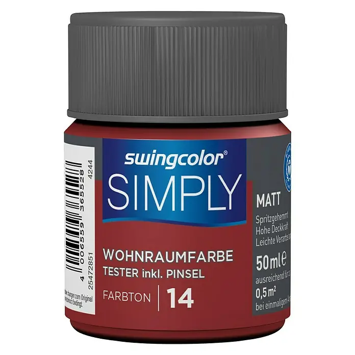 swingcolor Boja za zid SIMPLY Tester - Crvena – br. 14, 50 ml, Mat - Pogled sprijeda