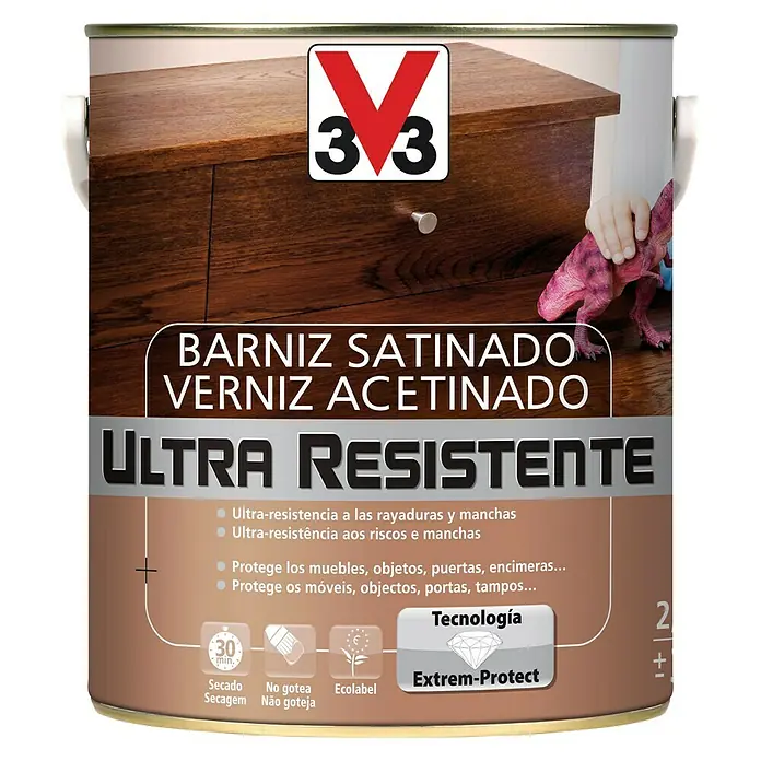 V33 Barniz para madera Satinado Ultra Resistente - Incoloro, Satinado, 2,5 l