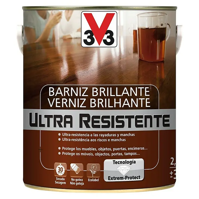 V33 Barniz para madera Brillante Ultra Resistente - Incoloro, Brillante, 2,5 l
