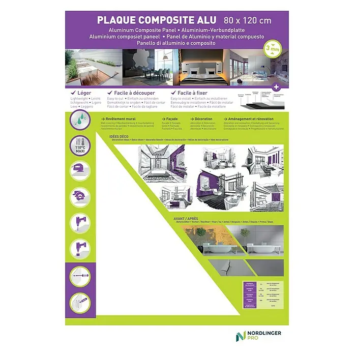 Panel de aluminio y composite Blanco - 120 cm x 80 cm x 3 mm, Aluminio, Blanco