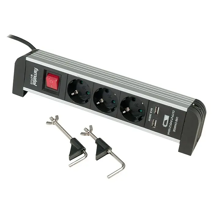 Famatel Base de enchufe múltiple lateral con USB - Número de enchufes Schuko: 4 ud., Negro/Plateado, 1,5 m, 3.680 W