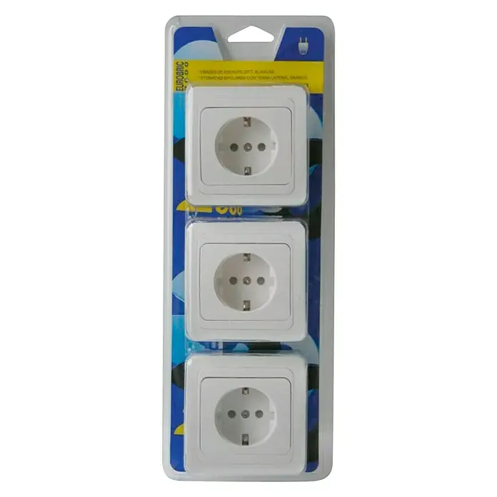 Eurobric 2000 Enchufe E-2 - Blanco, 2 Polos + Toma Tierra, Plástico, Montaje en la pared