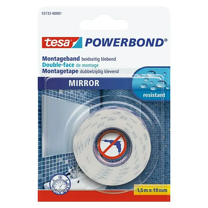 Tesa Powerbond Cinta de doble cara Espejos - 1,5 m x 19 mm
