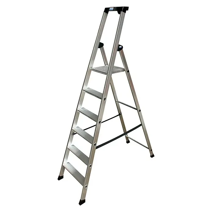 Krause Monto Stufenstehleiter Solido - Arbeitshöhe: 3,3 m, Anzahl Tritte: 6 Stufen, Tiefe Stufen: 80 mm, Aluminium - Linke Seitenansicht