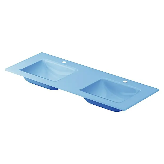 Lavabo doble Cristal - 121 x 46 cm, Orificios para grifo: Medio, Azul claro, Vidrio - Vista angular