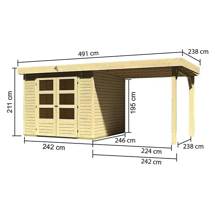 Karibu Gartenhaus Askola - L x B: 242 x 462 cm, Wandstärke: 19 mm, Flachdach, Natur, Mit Anbau - Rechte Seitenansicht