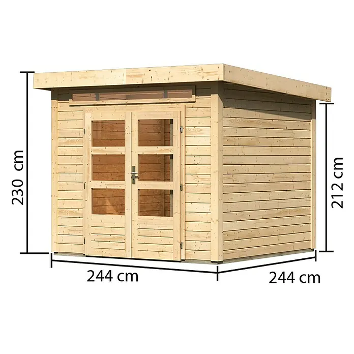Karibu Gartenhaus Kandern 3 - 244 x 244 cm, Wandstärke: 28 mm, Flachdach, Natur - Rechte Seitenansicht
