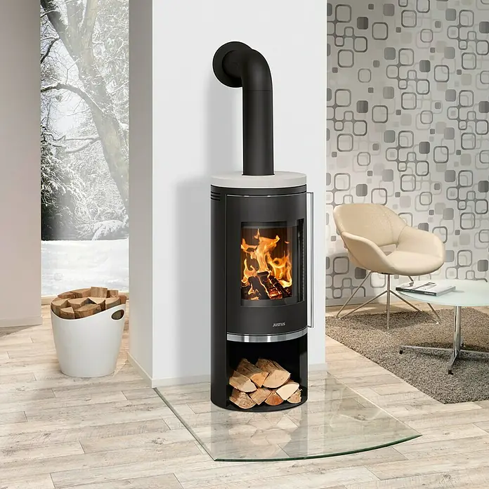 Justus Kaminofen Faro 2.0 - 6 kW, Raumheizvermögen: 124 m³, Material Abdeckung: Kalkstein, Schwarz