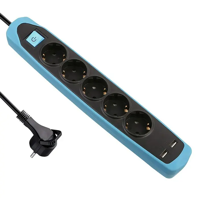 Electraline Base de enchufe múltiple con USB Gummy - Número de enchufes Schuko: 5 ud., Negro/Azul, Longitud del cable: 2 m