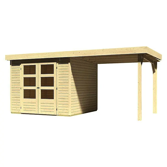 Karibu Gartenhaus Askola - L x B: 242 x 462 cm, Wandstärke: 19 mm, Flachdach, Natur, Mit Anbau - Linke Seitenansicht
