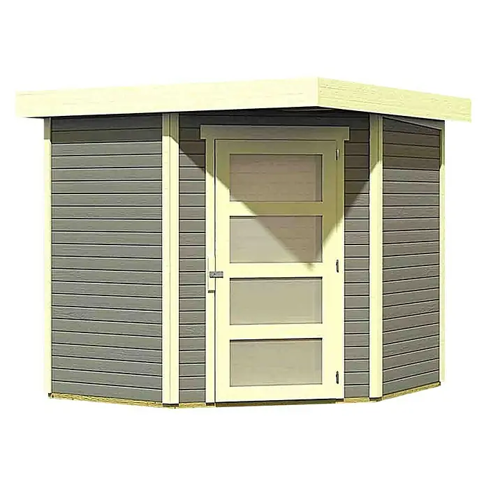 Karibu Gartenhaus Schwandorf 3 - 242 x 238 cm, Wandstärke: 19 mm, Flachdach, Terragrau, Weiß - Rechte Seitenansicht