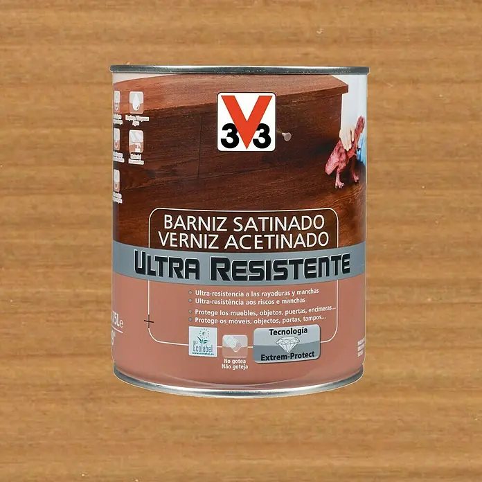 V33 Barniz para madera Satinado Ultra Resistente - Roble oscuro, Satinado, 750 ml