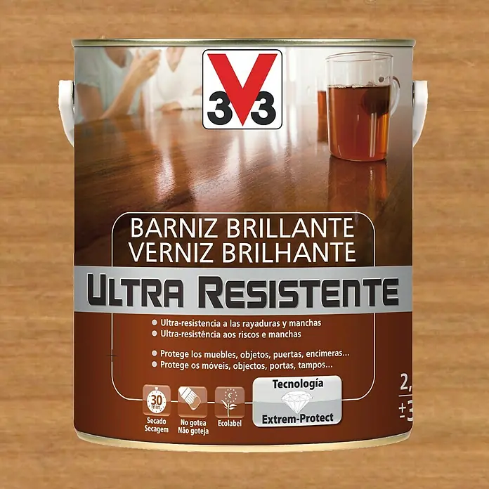 V33 Barniz para madera Brillante Ultra Resistente - Roble oscuro, Brillante, 2,5 l