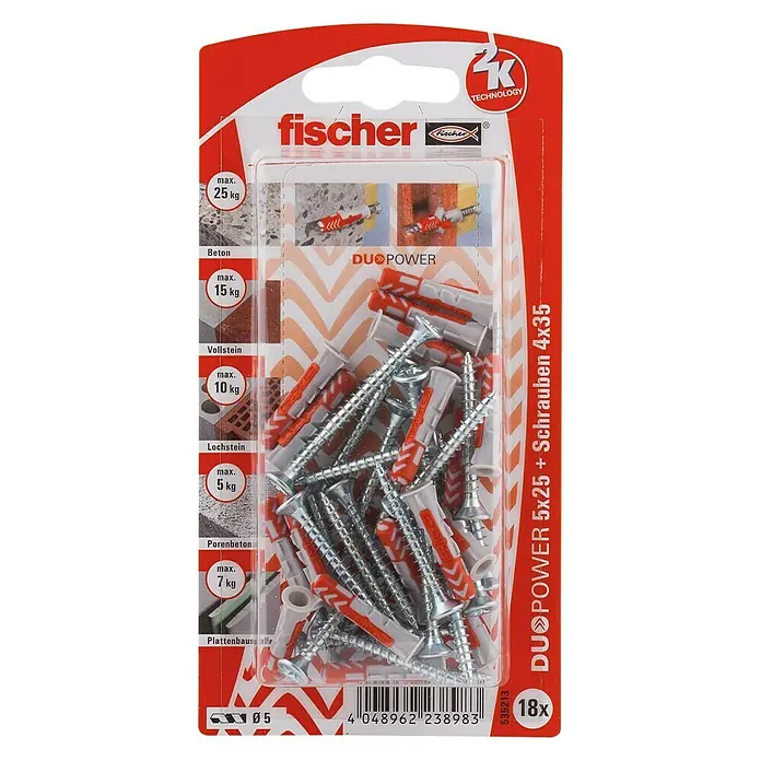 Fischer Duopower Dübel- & Schraubenbox 5 x 25 S K - Durchmesser Dübel: 5 mm, Länge Dübel: 25 mm, 18 Stk., Senkkopfschraube