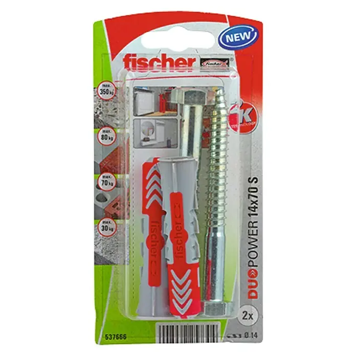 Fischer Duopower Set de tacos y tornillos - Diámetro taco: 14 mm, Longitud taco: 70 mm, 2 uds.
