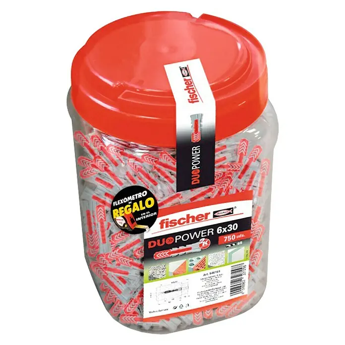 Fischer Duopower Surtido de tacos + flexómetro - Diámetro taco: 6 mm, Longitud taco: 30 mm, 750 uds., Con borde, Apto para: Placas de yeso laminado