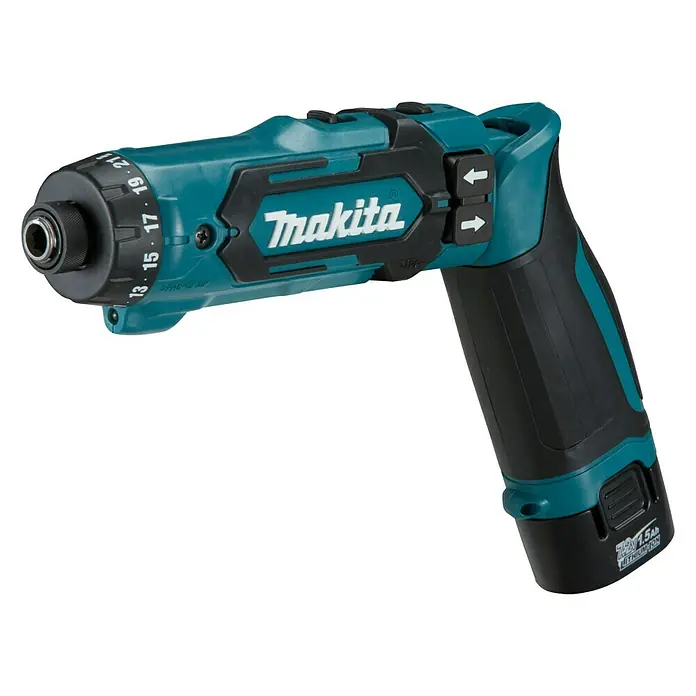 Makita Akku-Knickschrauber DF012DSE - 7,2 V, 2 Akkus, 1,5 Ah, Leerlaufdrehzahl: 200 U/min - 650 U/min - Vorderansicht