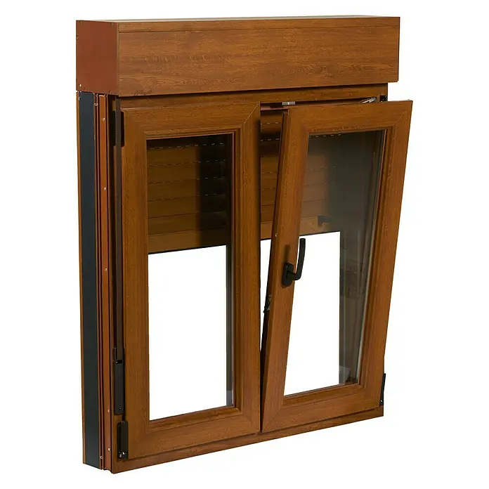 Solid Elements Ventana de PVC 2 hojas practicable-oscilobatiente - 120 x 118 cm, Apertura según normativa: Derecha, Roble oscuro, Con persiana - Vista angular