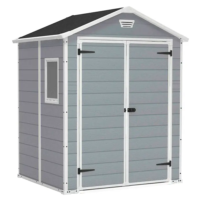 Keter Caseta para jardín Manor 65DD - Ancho exterior incluido el voladizo del techo: 185 cm, Profundidad exterior incluido el voladizo del techo: 152 cm, Plástico, Antracita/Blanco, Área: 2,8 m² - Vista angular