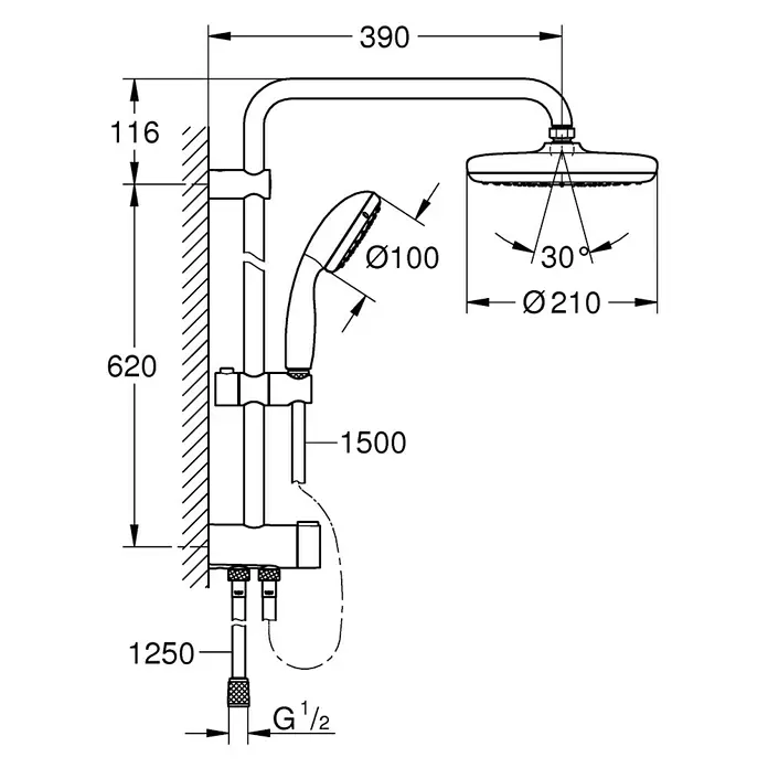 Grohe Duschsystem Tempesta 210 - Mit Umsteller, Lochabstand: 62 cm, Anzahl Strahlarten: 2 Stk., Chrom