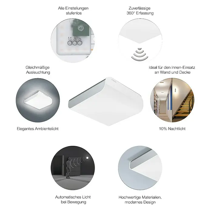 Steinel LED-Sensor-Deckenleuchte RS LED M2 - 9,5 W, L x B x H: 22 x 22 x 6,7 cm, Weiß/Silber - Vorderansicht