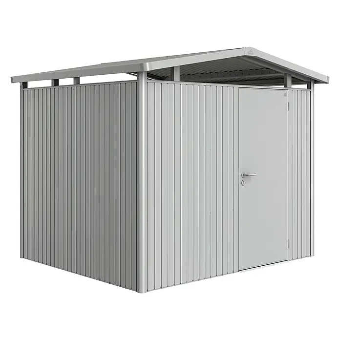 Biohort Gerätehaus Panorama - Außenbreite inkl. Dachüberstand: 273 cm, Außentiefe inkl. Dachüberstand: 238 cm, Stahl, Silber Metallic, Einzeltür - Vorderansicht