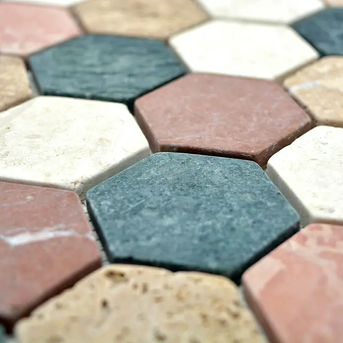 Mosaikfliese Hexagon Mix MOS HXN RND - 29,8 x 30,5 cm, Creme/Beige/Rot/Grün, Matt - Detailaufnahme