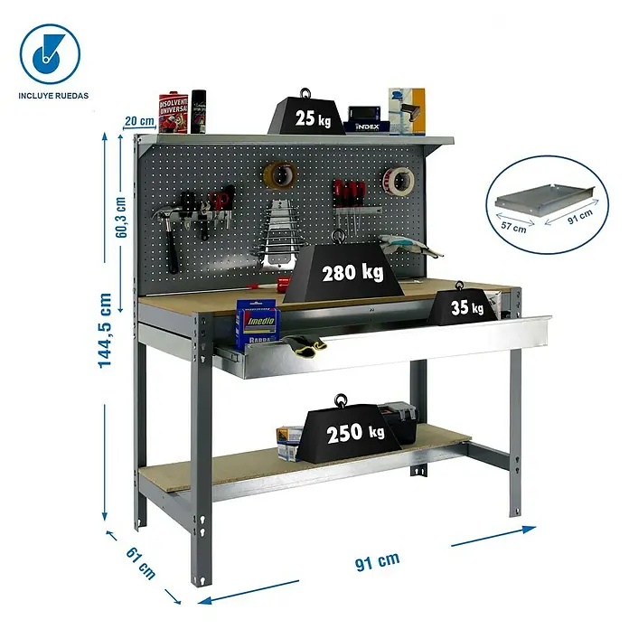 Simonrack Simonwork Banco de trabajo BT3 Box Mobile - L x An x Al: 61 x 91 x 144,5 cm, Capacidad de carga: 280 kg, Gris