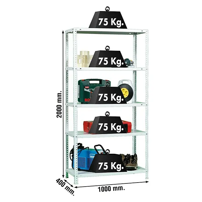 Simonrack Simonclassic Estantería metálica Advantage Plus - L x An x Al: 40 x 100 x 200 cm, Capacidad de carga: 75 kg/balda, Número de baldas: 5 ud., Atornillado, Blanco