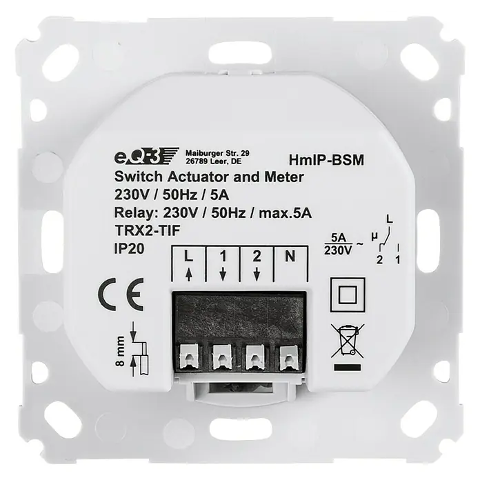 Homematic IP Funkschalter Messgerät - 230 V/50 Hz, 5 A, Max. Anschlussleistung: 1.150 W - Vorderansicht