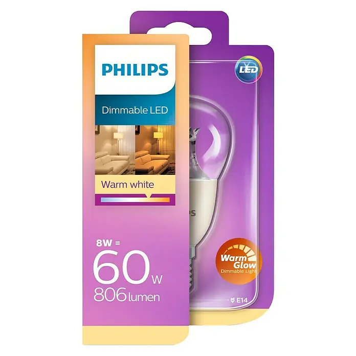 Philips Bombilla LED - 8 W, E14, Color de luz: Blanco cálido, Intensidad regulable, Redonda
