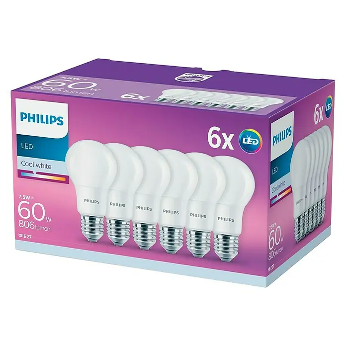 Philips Bombilla LED - 6 uds., E27, 7,5 W, Color de luz: Blanco neutro, No regulable