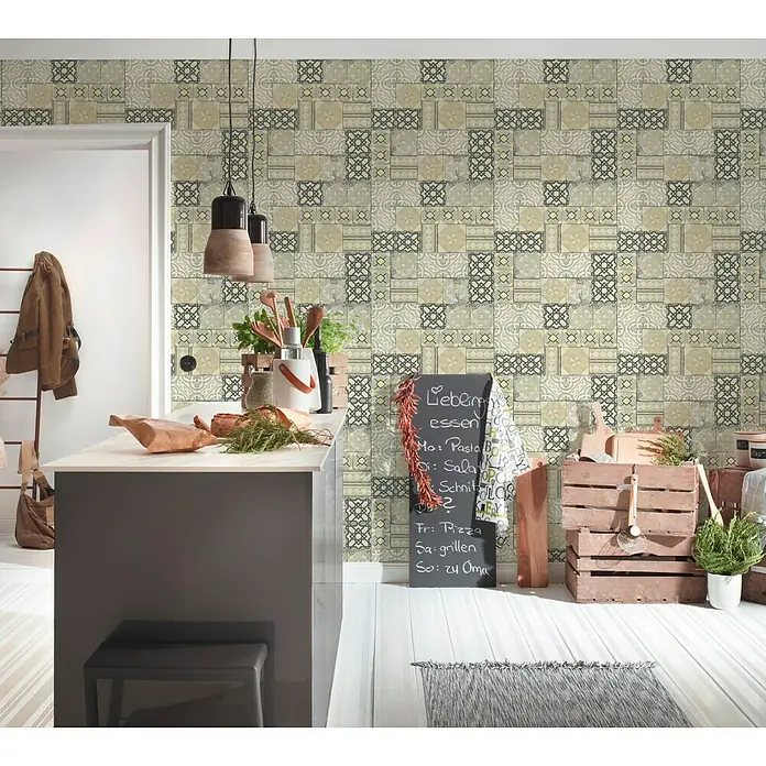 AS Creation Il Decoro Strukturtapete Musterfliese - Schwarz/Beige, Fliesenoptik, Reliefstruktur, 10,05 x 0,53 m - Stimmungsaufnahme