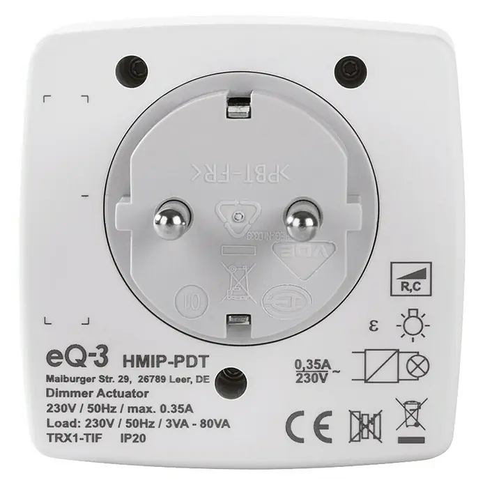 Homematic IP Funksteckdose Phasenabschnittdimmer - Weiß, 230 V/50 Hz - Rückansicht