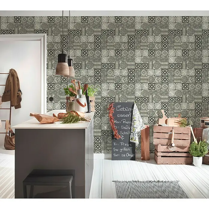 AS Creation Il Decoro Strukturtapete Musterfliese - Schwarz, Fliesenoptik, Reliefstruktur, 10,05 x 0,53 m - Stimmungsaufnahme