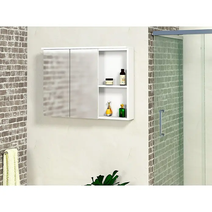 Armario con espejo LED Abi 2P+H - An x Al: 90 x 65 cm, Con iluminación, Melamina, Blanco