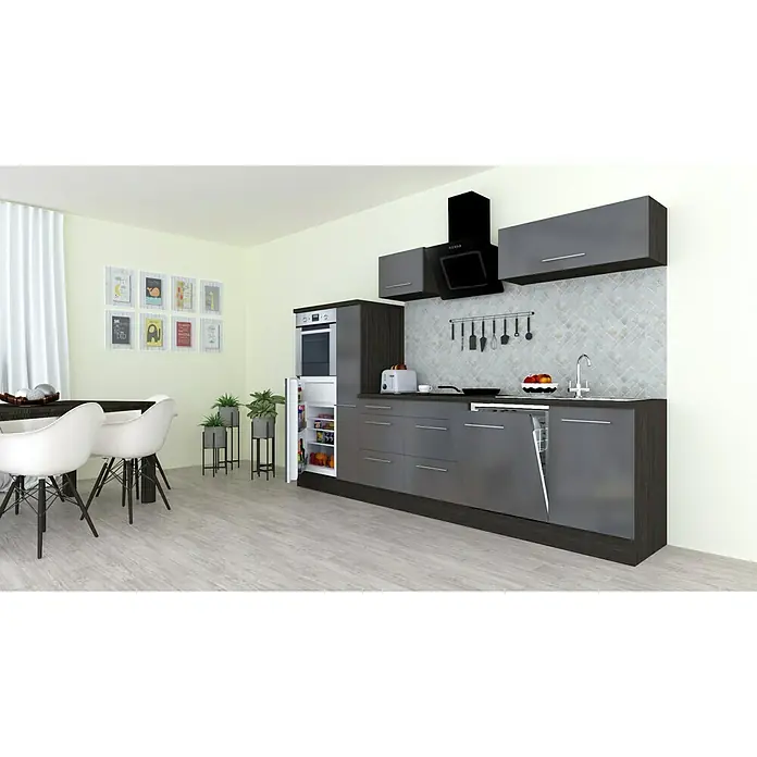Respekta Premium Küchenzeile RP310HEGBO - Breite: 310 cm, Mit Elektrogeräten, Grau Hochglanz - Stimmungsaufnahme