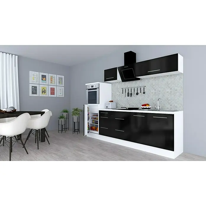 Respekta Premium Küchenzeile RP270HWSBO - Breite: 270 cm, Mit Elektrogeräten, Schwarz Hochglanz - Stimmungsaufnahme