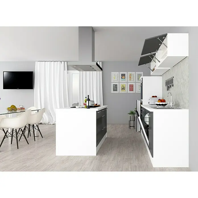Respekta Premium Inselküche RP280IWGCBO - Breite: 280 cm, Mit Elektrogeräten, Grau Hochglanz - Stimmungsaufnahme