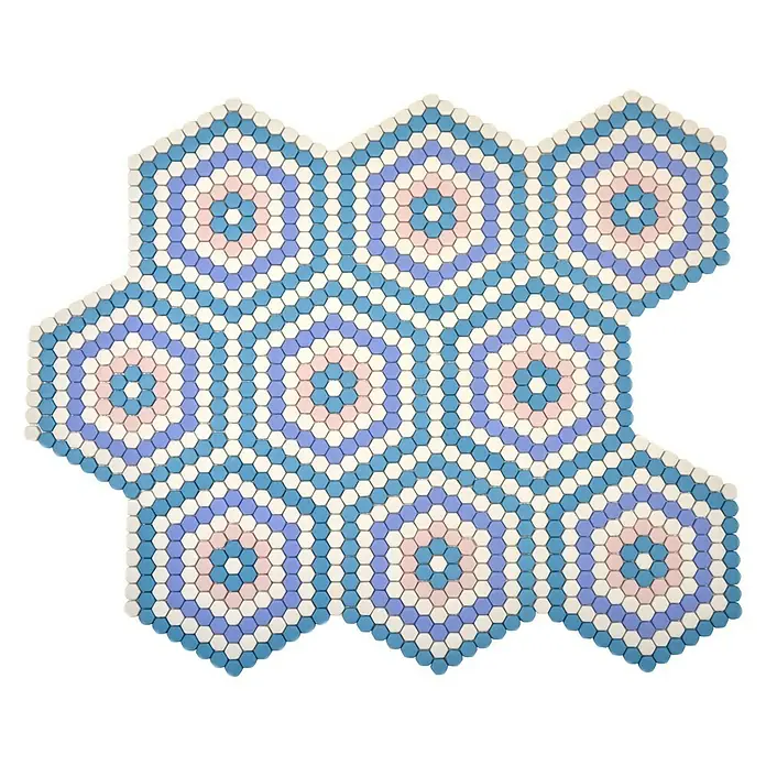 Mosaikfliese Hexagon CUBA HX9M - 18 x 17,8 cm, Blau/Rosa/Weiß, Matt - Vorderansicht