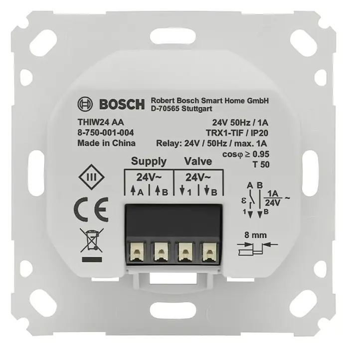 Bosch Smart Home Raumthermostat Fußbodenheizung - 24 V/50 Hz, Weiß, 8,6 x 8,6 x 5,4 cm - Rückansicht