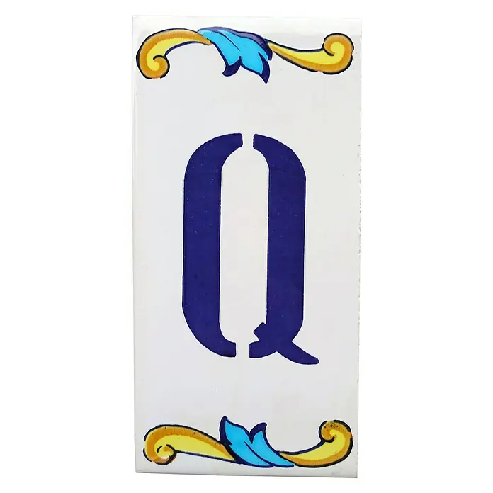 Azulejo de gres Letra Q - 7,5 x 15 cm, Blanco, Azul, Amarillo, Brillante