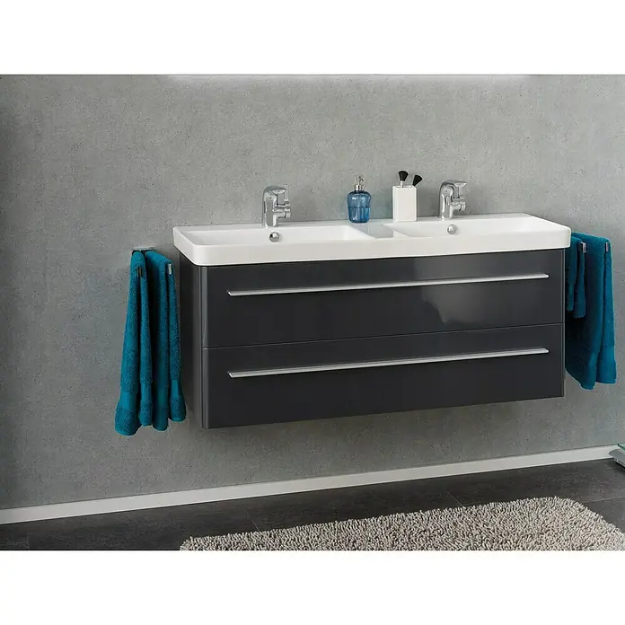 Modern 3.0 Waschtischunterschrank - 116 x 49 x 48,7 cm, 2 Schubkästen, Grafit, Hochglanz - Stimmungsaufnahme