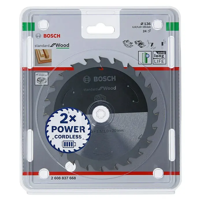 Bosch Cirkelzaagblad Standard for Wood - Diameter: 136 mm, Boorgat: 20 mm, Aantal tanden: 24 tanden - Vooraanzicht