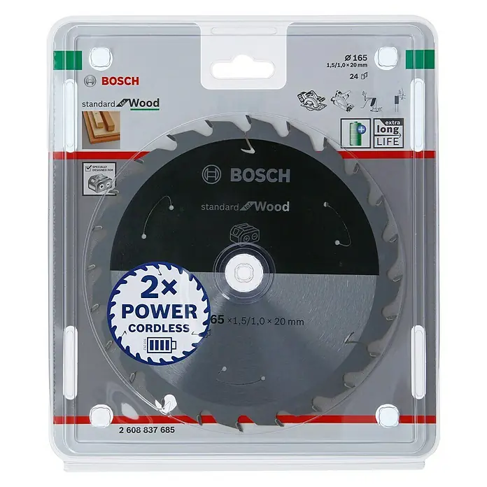 Bosch Kreissägeblatt Standard for Wood - Durchmesser: 165 mm, Bohrung: 20 mm, Anzahl Zähne: 24 Zähne - Vorderansicht